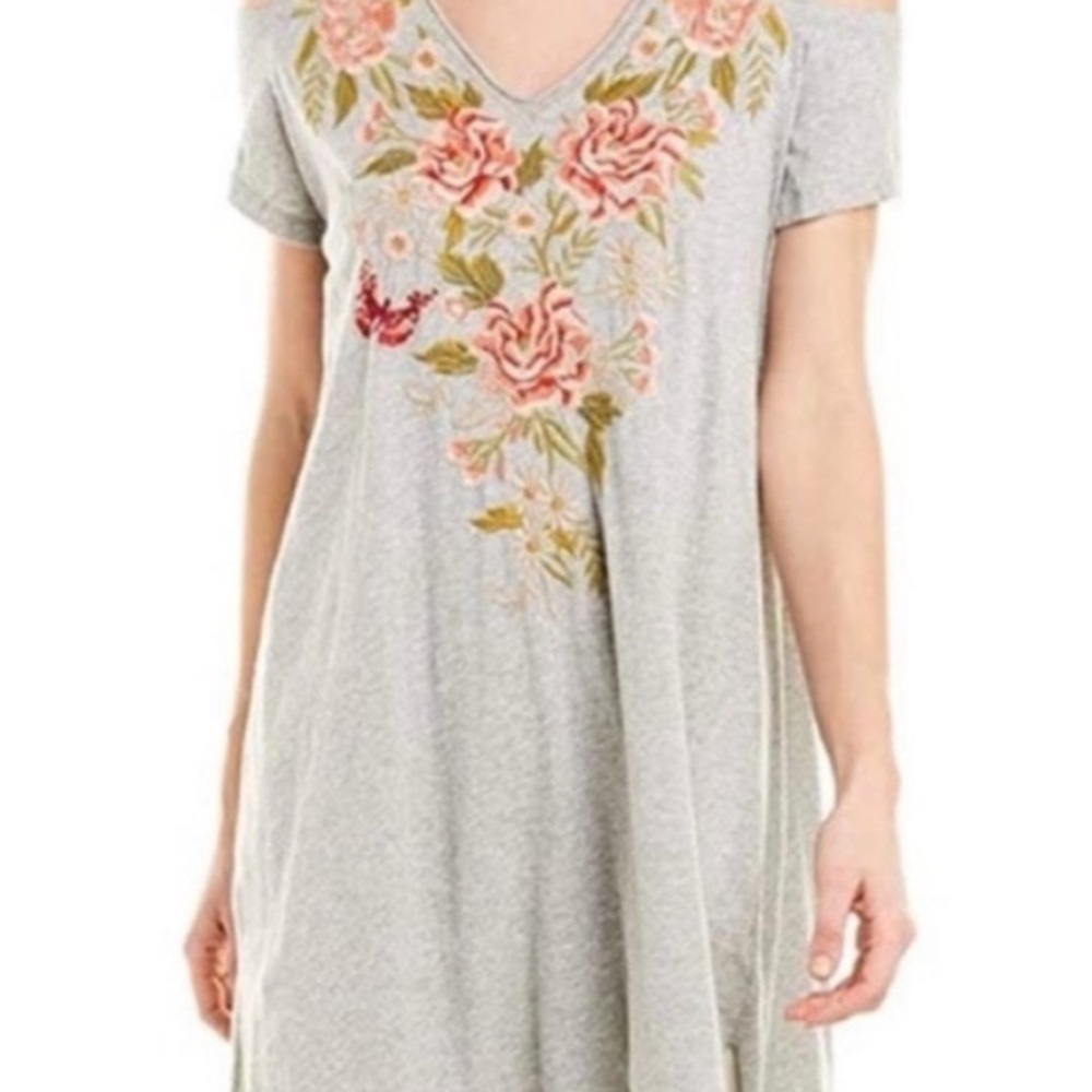 Johnny Was Cecile V-Neck Cold Shoulder Jersey Tunic Slip Dress Embroidery Grey S